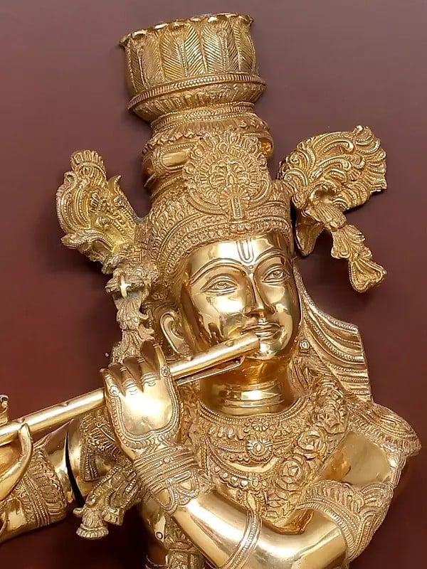 Exotic India 53" Large Fluting Lord Krishna | Wood Framed Brass Sculpture | Wall Hanging 