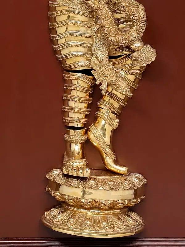Exotic India 53" Large Fluting Lord Krishna | Wood Framed Brass Sculpture | Wall Hanging 