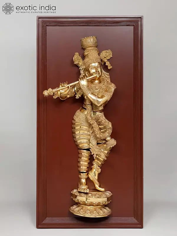 exotic india 53" Large Fluting Lord Krishna | Wood Framed Brass Sculpture | Wall Hanging 