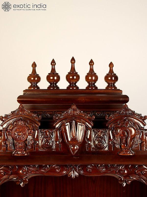 Exotic India 54" Designer Wood Carved Temple With Vaishnava Symbols