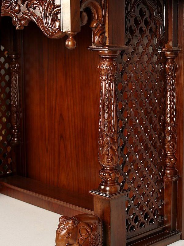 Exotic India 54" Designer Wood Carved Temple With Vaishnava Symbols