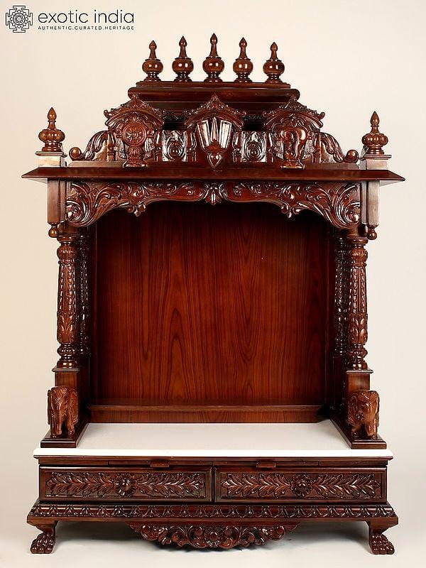 exotic india 54" Designer Wood Carved Temple with Vaishnava Symbols 