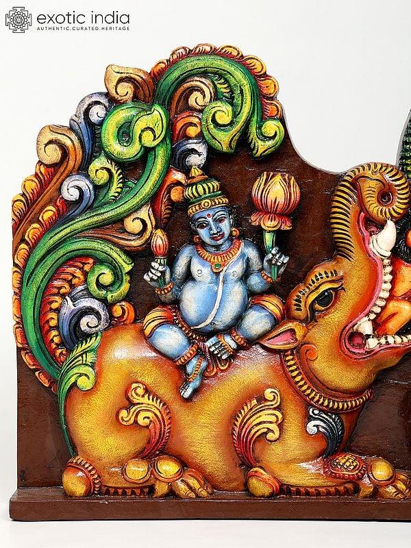 Exotic India 54" Large Lakshmi Ganesha Saraswati Colorful Wall Panel | Wood Carving 