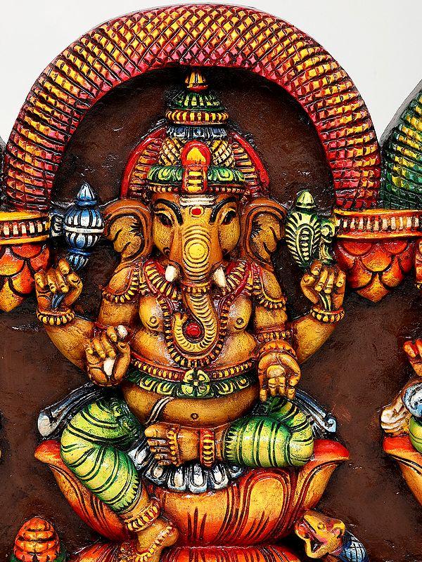 Exotic India 54" Large Lakshmi Ganesha Saraswati Colorful Wall Panel | Wood Carving 