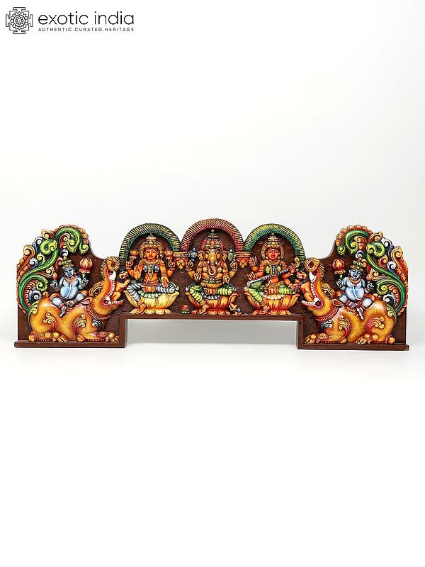 exotic india 54" Large Lakshmi Ganesha Saraswati Colorful Wall Panel | Wood Carving 
