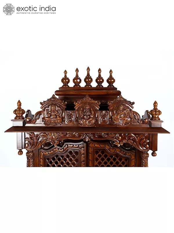 Exotic India 54" Large Lakshmi Ganesha Saraswati Temple With Double Doors | Wood And Marble 