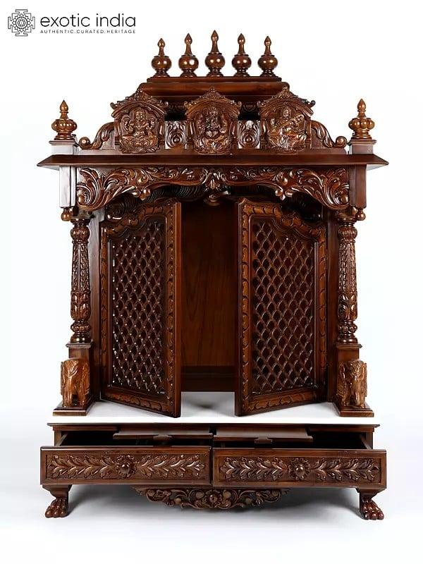 Exotic India 54" Large Lakshmi Ganesha Saraswati Temple With Double Doors | Wood And Marble 