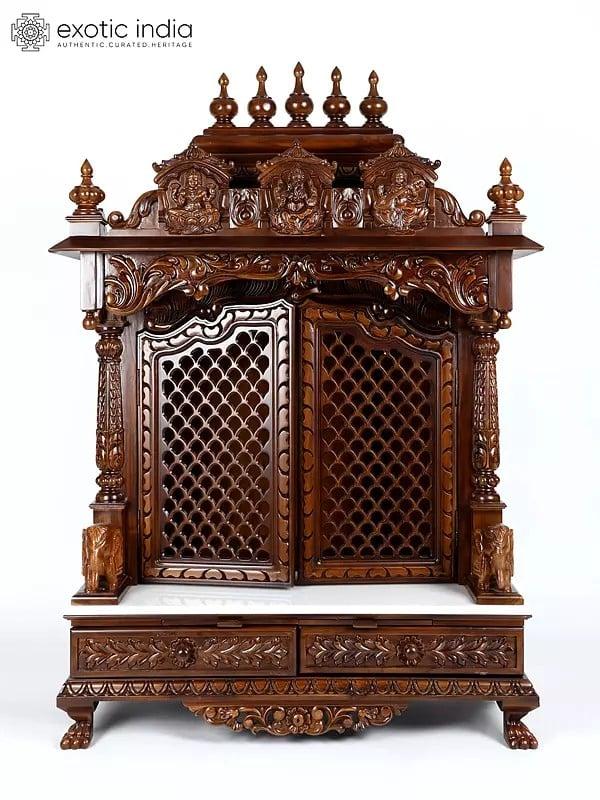 exotic india 54" Large Lakshmi Ganesha Saraswati Temple with Double Doors | Wood and Marble 