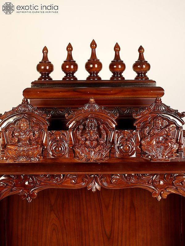 Exotic India 54" Wood Carved Lakshmi Ganesha Saraswati Puja Temple 
