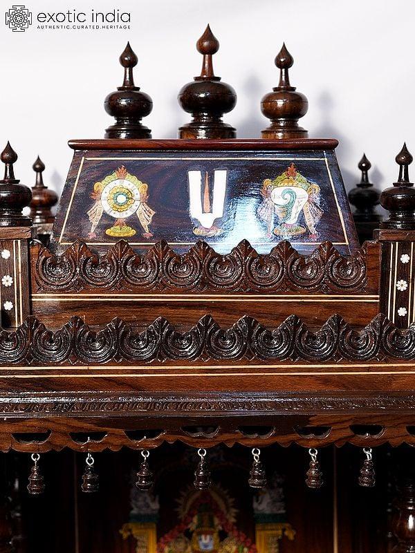 Exotic India 55" Attractive Wood Temple With Drawer And Lord Venkateswara Design | Handmade Rosewood Home Decor Item