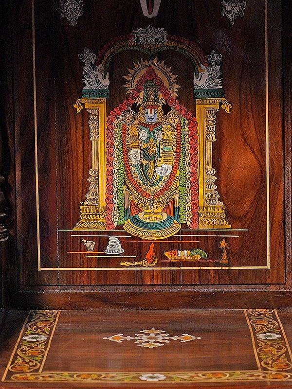 Exotic India 55" Attractive Wood Temple With Drawer And Lord Venkateswara Design | Handmade Rosewood Home Decor Item