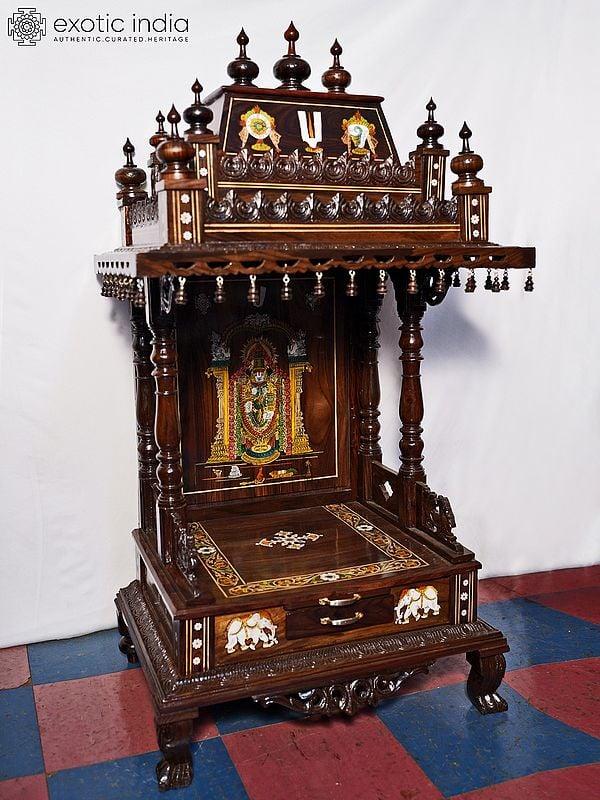 Exotic India 55" Attractive Wood Temple With Drawer And Lord Venkateswara Design | Handmade Rosewood Home Decor Item
