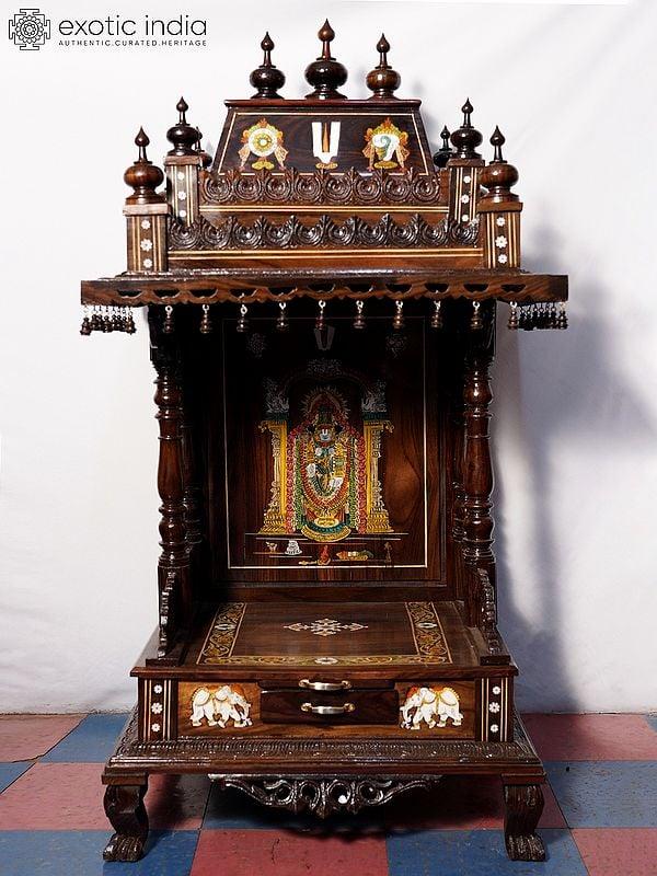 exotic india 55" Attractive Wood Temple With Drawer And Lord Venkateswara Design | Handmade Rosewood Home Decor Item 