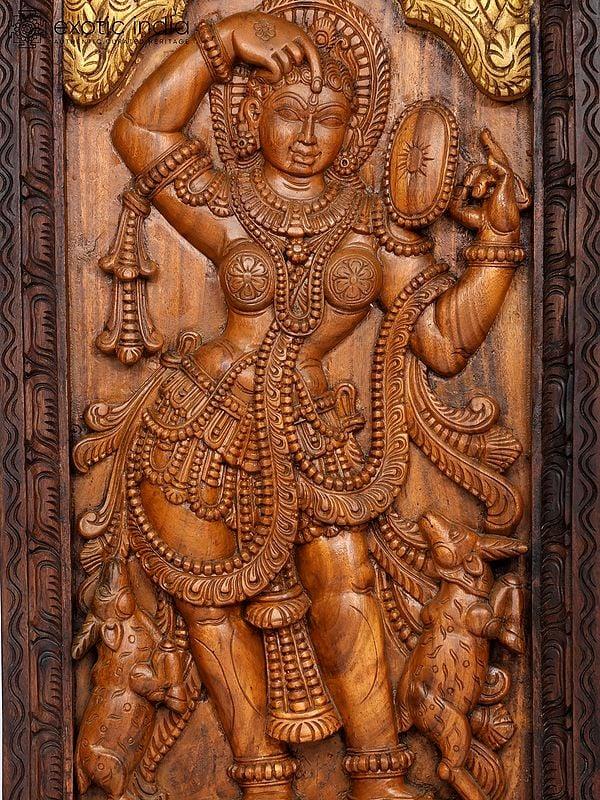 Exotic India 55" Large Mirror Lady Panel | Wood Carving 