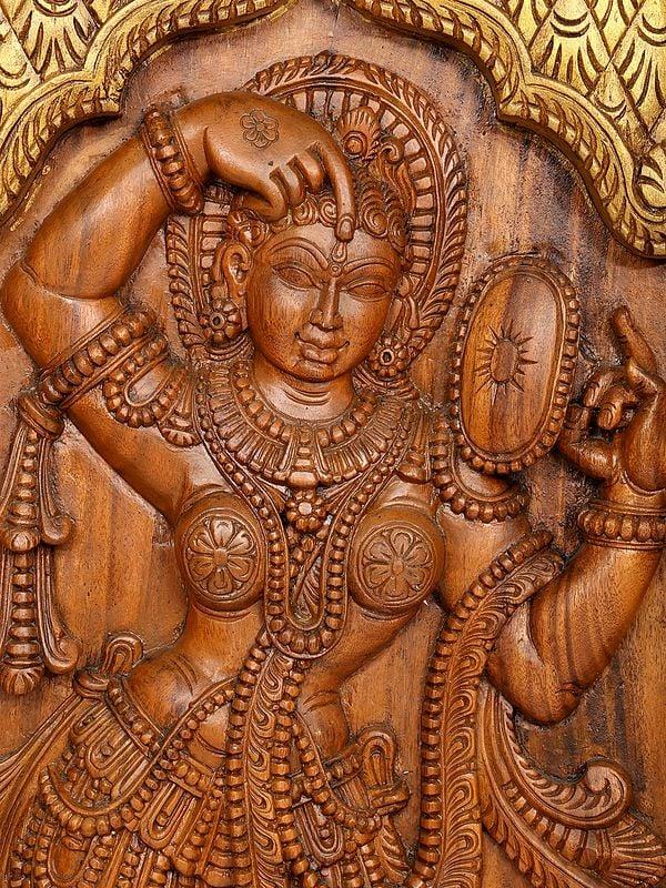 Exotic India 55" Large Mirror Lady Panel | Wood Carving 
