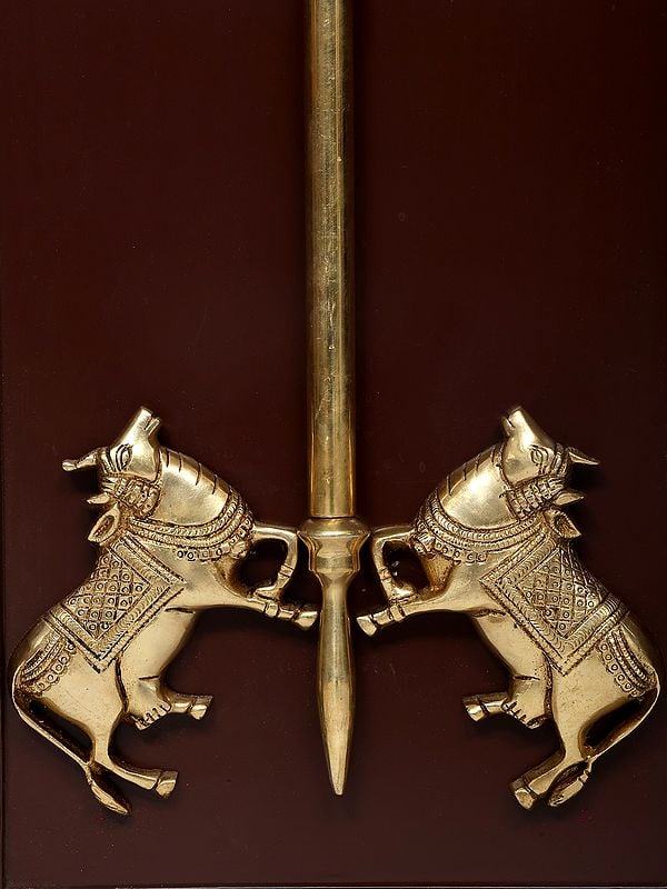 Exotic India 55" Pair Of Kamadhenu Cow With Trishul | Wood Framed Brass Sculpture | Wall Hanging 