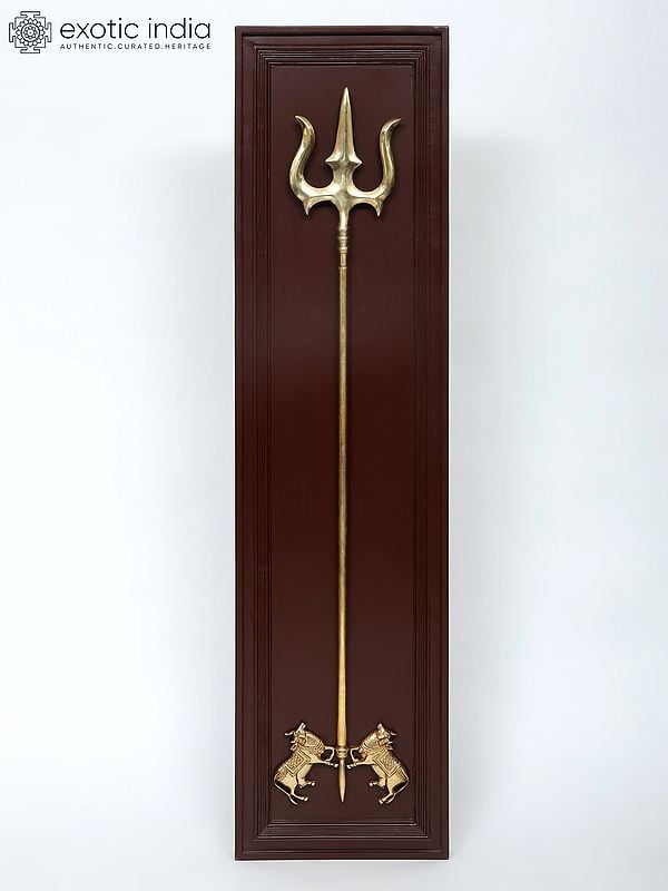 exotic india 55" Pair of Kamadhenu Cow with Trishul | Wood Framed Brass Sculpture | Wall Hanging 