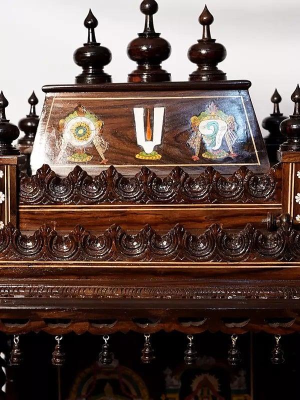 Exotic India 55" Traditional Carved Temple With Vaishnava Symbols | Handmade Rosewood Home Decor Item