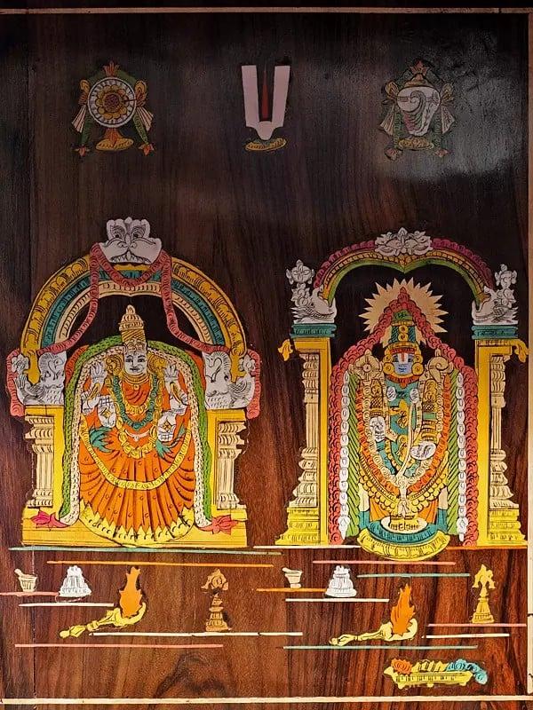 Exotic India 55" Traditional Carved Temple With Vaishnava Symbols | Handmade Rosewood Home Decor Item