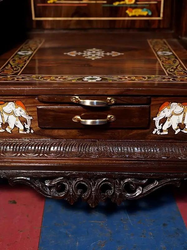 Exotic India 55" Traditional Carved Temple With Vaishnava Symbols | Handmade Rosewood Home Decor Item