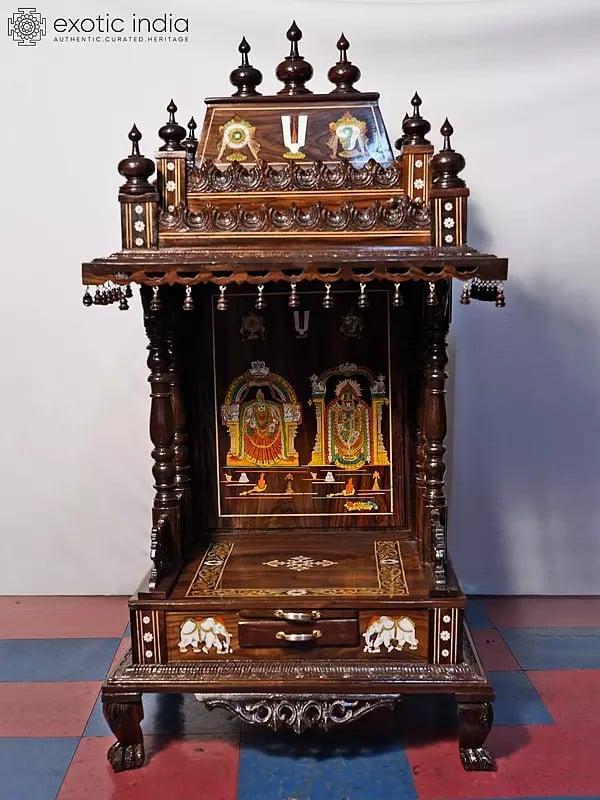exotic india 55" Traditional Carved Temple With Vaishnava Symbols | Handmade Rosewood Home Decor Item 