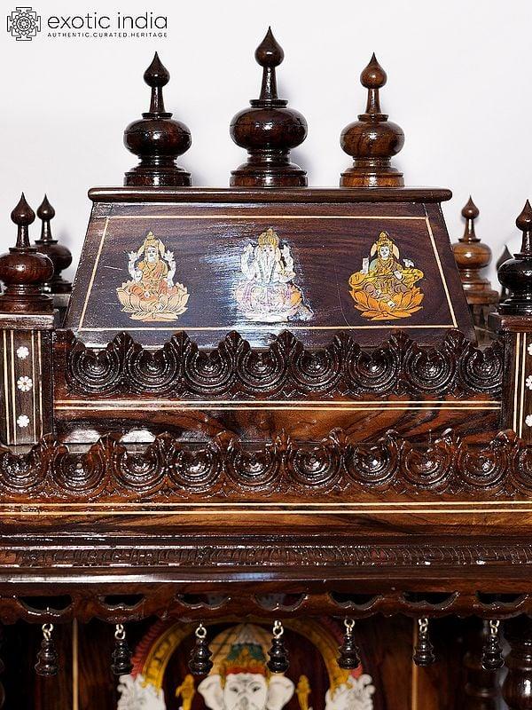 Exotic India 55" Wood Temple With Lakshmi Ganesha And Saraswati Design On The Top | Handmade Rosewood Home Decor Item