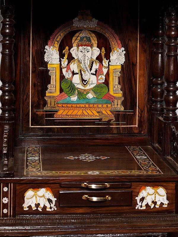Exotic India 55" Wood Temple With Lakshmi Ganesha And Saraswati Design On The Top | Handmade Rosewood Home Decor Item