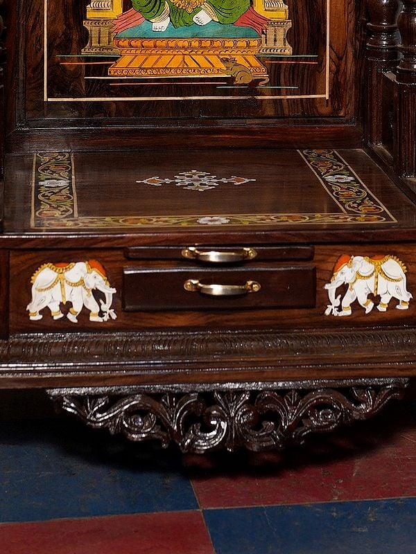 Exotic India 55" Wood Temple With Lakshmi Ganesha And Saraswati Design On The Top | Handmade Rosewood Home Decor Item