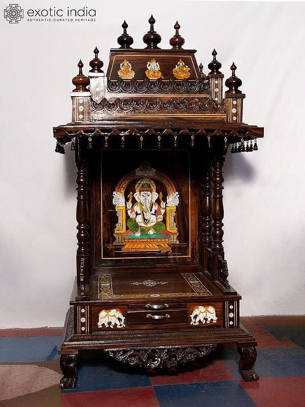 exotic india 55" Wood Temple With Lakshmi Ganesha And Saraswati Design On The Top | Handmade Rosewood Home Decor Item 