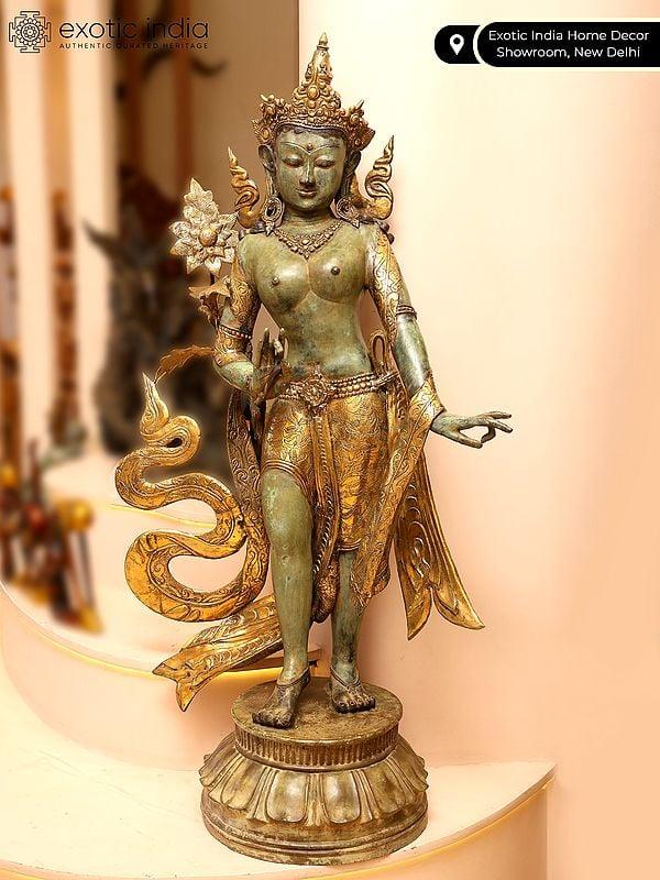 Exotic India 56" Large Standing Goddess Green Tara | Balinese Brass Statue 