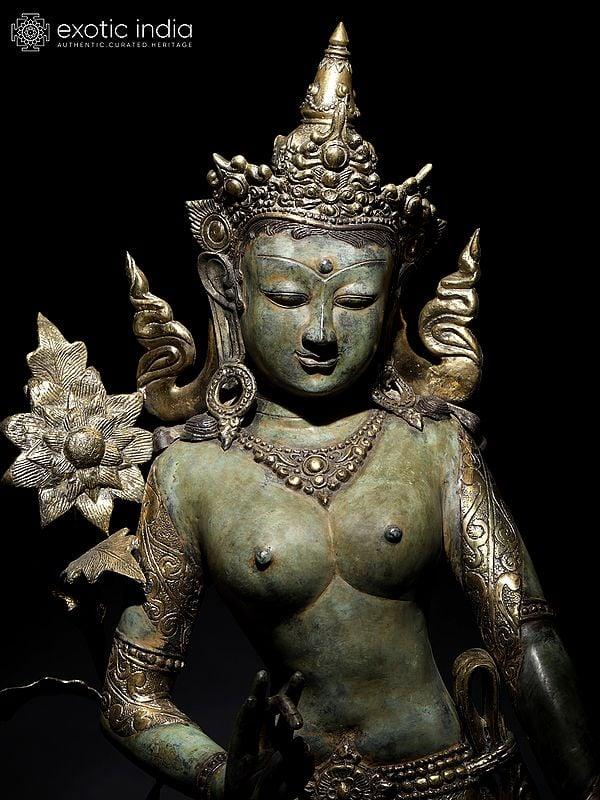 Exotic India 56" Large Standing Goddess Green Tara | Balinese Brass Statue 