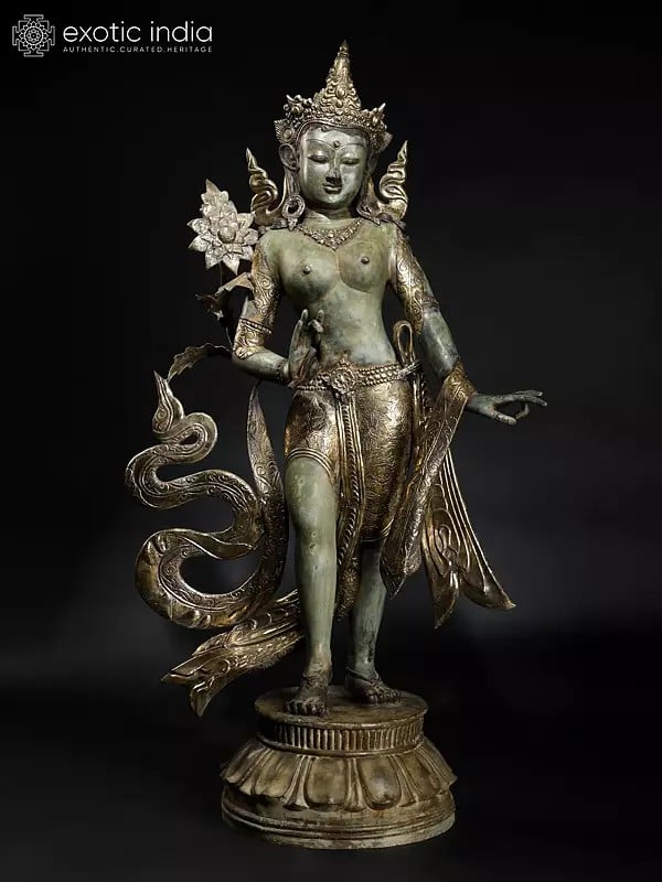 exotic india 56" Large Standing Goddess Green Tara | Balinese Brass Statue 