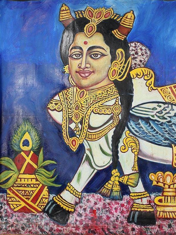 Exotic India 58" Kamadhenu - Wish Fulfilling Cow | Water Color On Canvas 