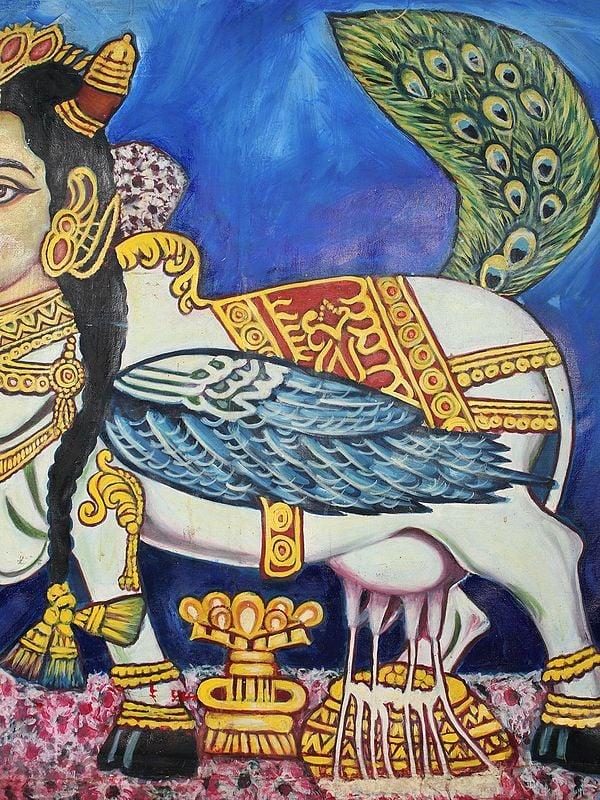Exotic India 58" Kamadhenu - Wish Fulfilling Cow | Water Color On Canvas 