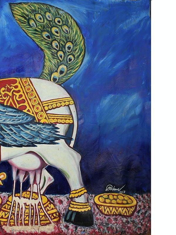 Exotic India 58" Kamadhenu - Wish Fulfilling Cow | Water Color On Canvas 