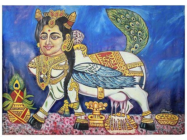 exotic india 58" Kamadhenu - Wish Fulfilling Cow | Water Color on Canvas 