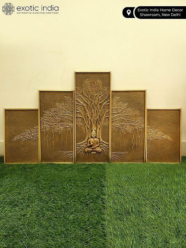 Exotic India 58" Large Lord Buddha Seated Under The Bodhi Tree | Set Of Five | Wall Hanging 