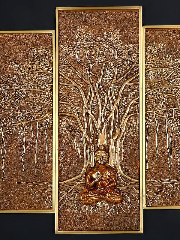 Exotic India 58" Large Lord Buddha Seated Under The Bodhi Tree | Set Of Five | Wall Hanging 