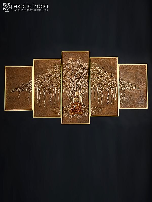 exotic india 58" Large Lord Buddha Seated Under The Bodhi Tree | Set of Five | Wall Hanging 