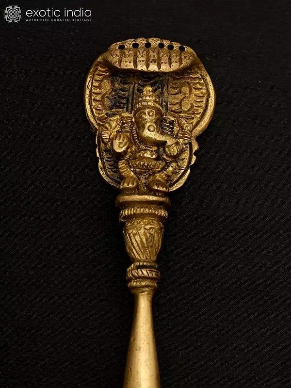 Exotic India 6" Brass Ganesha Ritual Spoon With Protecting Serpent 
