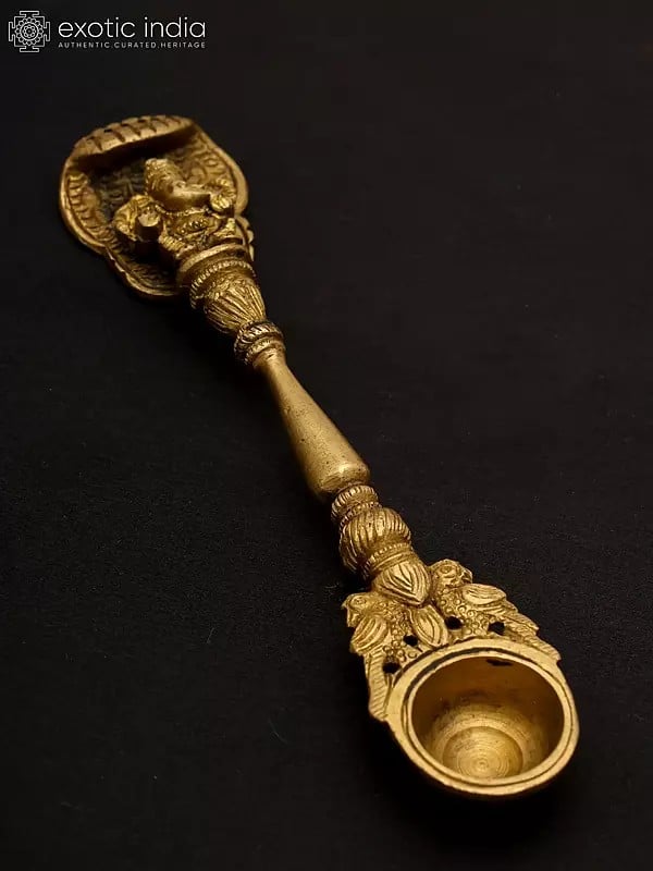 Exotic India 6" Brass Ganesha Ritual Spoon With Protecting Serpent 
