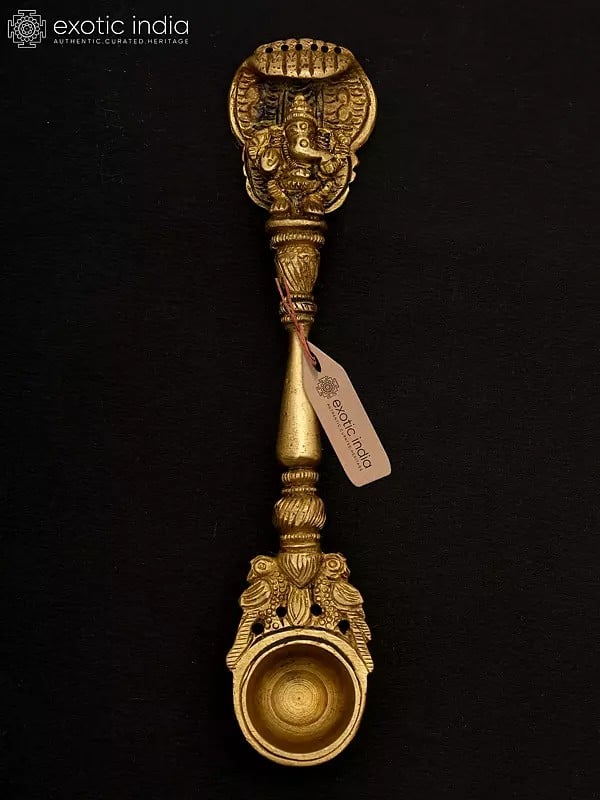 exotic india 6" Brass Ganesha Ritual Spoon with Protecting Serpent 