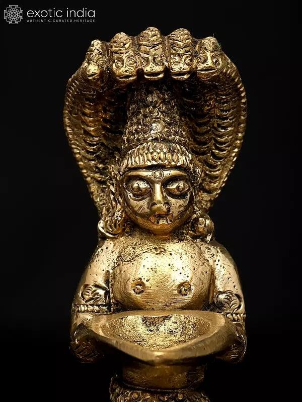 Exotic India 6" Brass Naga Kanya Oil Lamp | Handmade | Made In India 