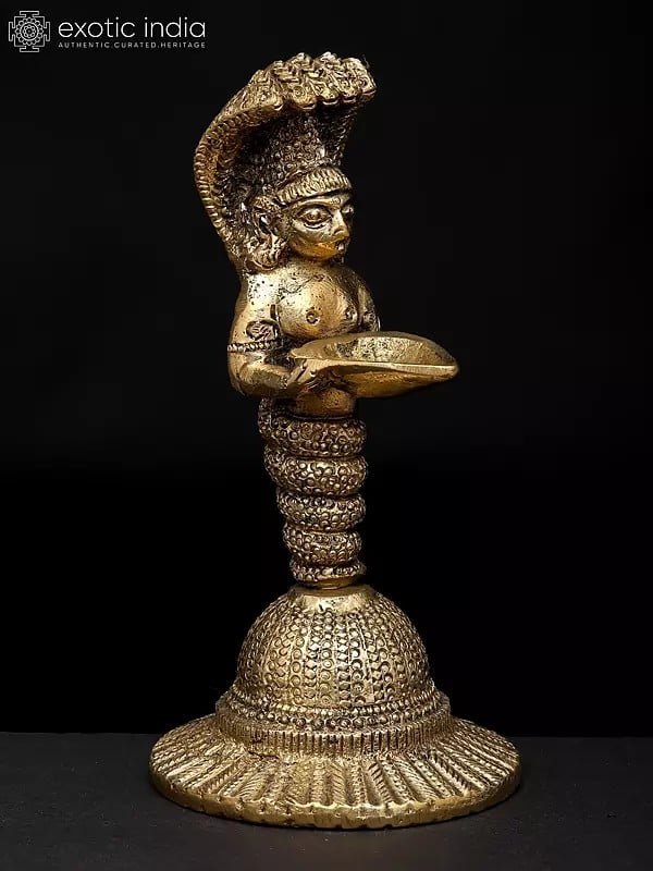 Exotic India 6" Brass Naga Kanya Oil Lamp | Handmade | Made In India 