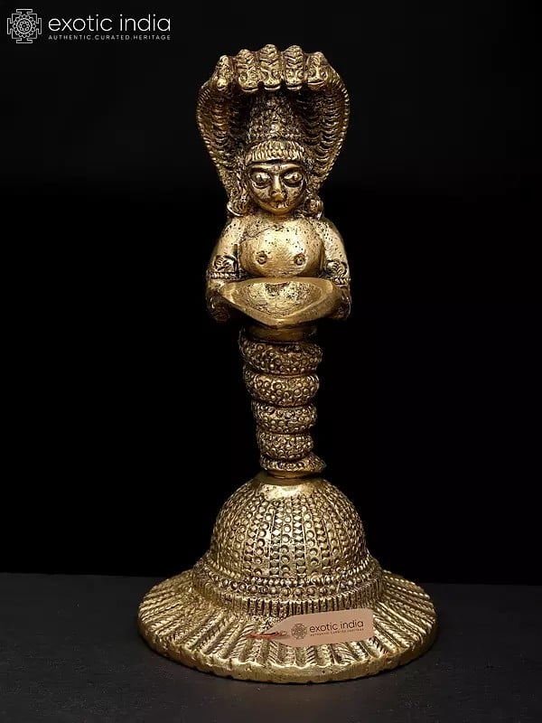 exotic india 6" Brass Naga Kanya Oil Lamp | Handmade | Made In India 