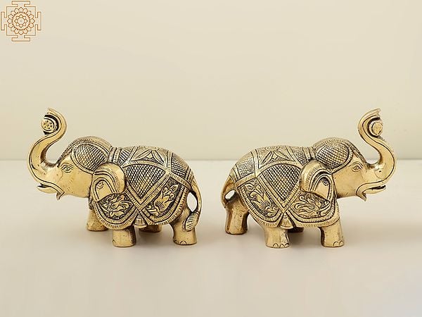Exotic India 6" Brass Royal Elephant Statue (Pair) | Handmade 