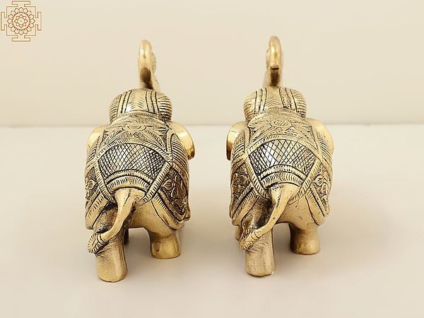 Exotic India 6" Brass Royal Elephant Statue (Pair) | Handmade 