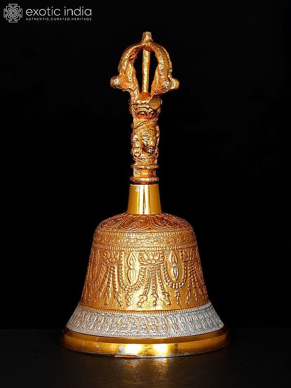 Exotic India 6" Buddhist Dorje Bell In Brass With Gold Plating 