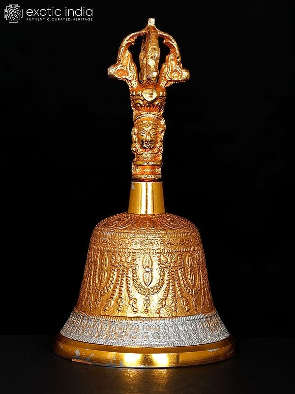 exotic india 6" Buddhist Dorje Bell in Brass with Gold Plating 
