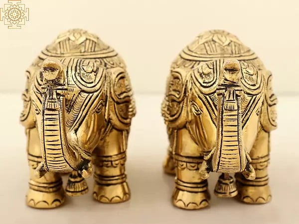Exotic India 6" Carved Elephant Pair Brass Statue With Trunk Up | Handmade 